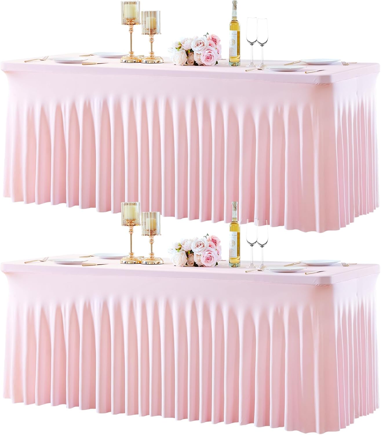 2 Pack 8ft Pink Spandex Table Cloths for Rectangle Tables Wrinkle Free Pink Rectangle Tablecloths Stretch Fitted Table Cover with Skirt for Baby Shower Girl Birthday Party Wedding Banquet Buffet