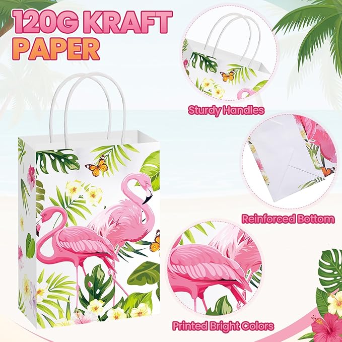 Resholder 30 Pcs Flamingo Gift Bags with Handles Aloha Hawaiian Tropical Party Favors Pouch Luau Palm Tree Goodie Paper Bags Flamingo Portable Candy Treat Pouch for Birthday Beach Pool Party Supplies