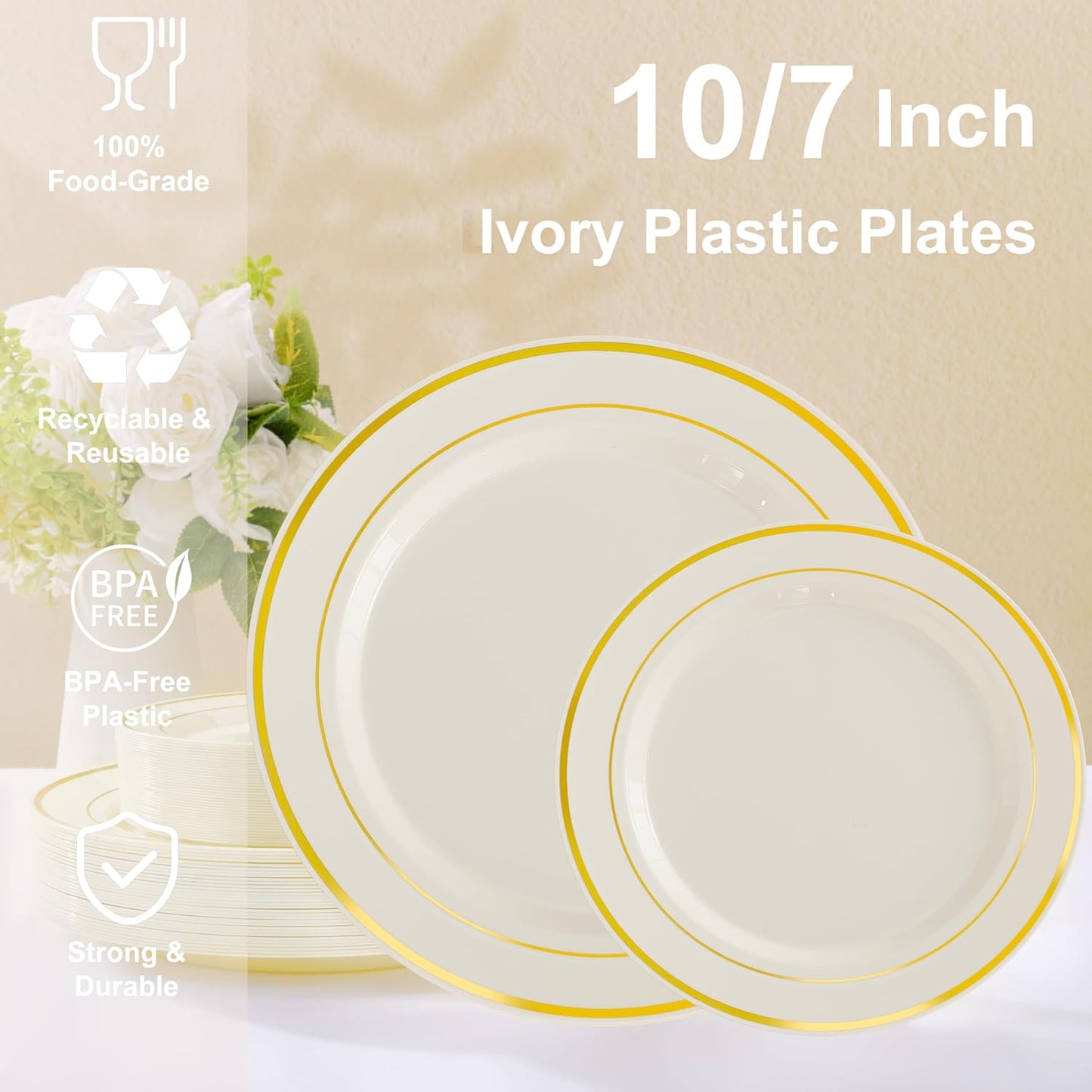 U-QE 100pcs Thanksgiving Plastic Plates for Party - Ivory Gold Plastic Plates Disposable Heavy Duty - Include 50 10" Dinner and 50 7" Dessert Plate, Perfect for Party, Wedding, Fall & Friendsgiving