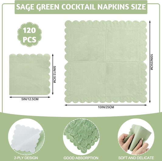 120 Pcs Cocktail Napkins Sage Green Wedding Napkins Disposable Baby Shower Scalloped Napkins for Bridal Shower, Birthday, 5 x 5 Inch
