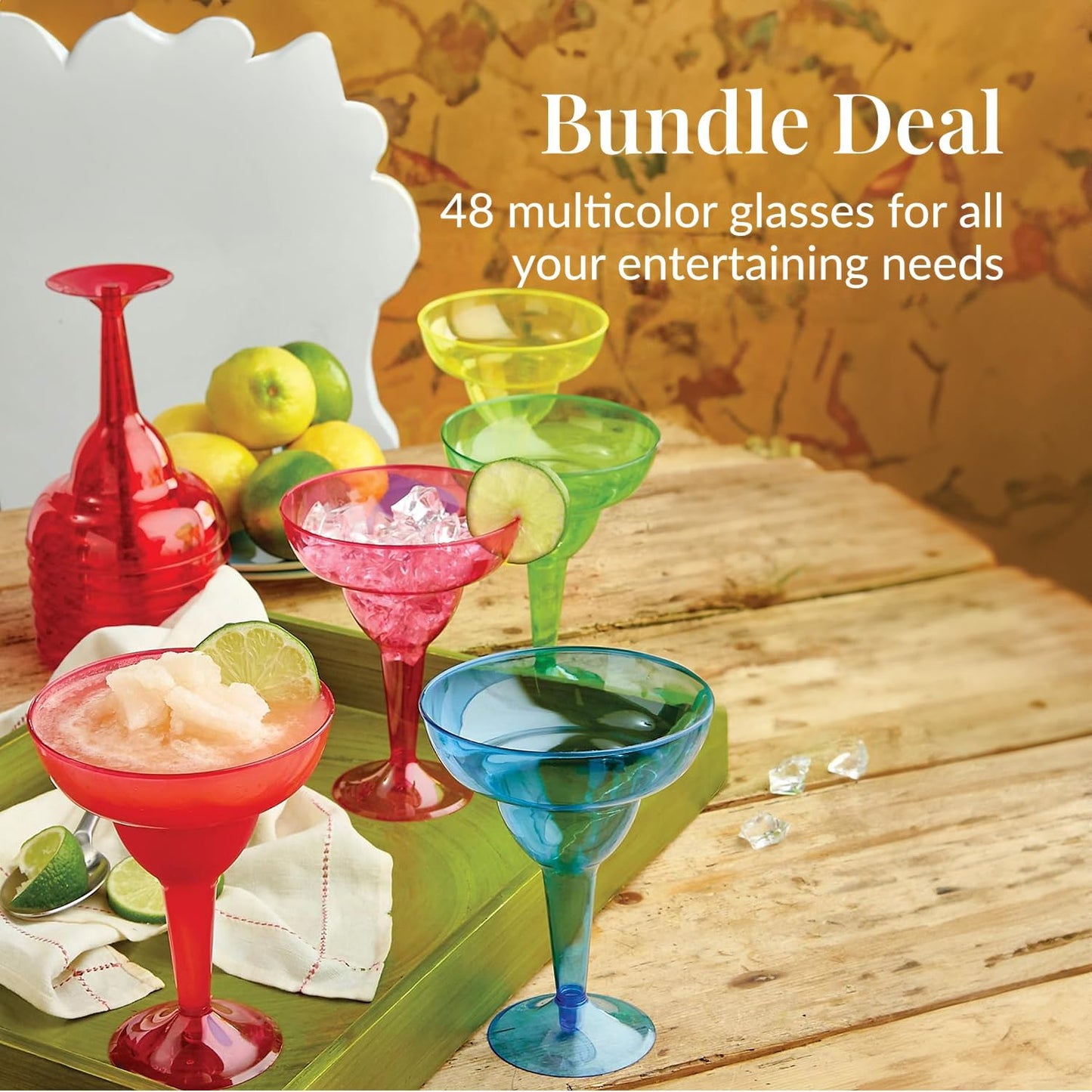 Prestee Multicolor Disposable 48 Plastic Margarita Glasses - 12 oz Hard Cocktail Cups for Cinco de Mayo Fiesta, Taco Party and Mexican Decorations - Fiesta Party Decorations - Large (Pack of 48)