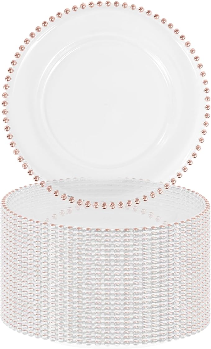 24 PCS Clear Round Charger Plates with Beaded Rim, 13 Inch Plastic Acrylic Plate, Plastic Round Beaded Dinner Decorative Service Plates for Wedding Party Event, Home Kitchen Tabletop(Pink)