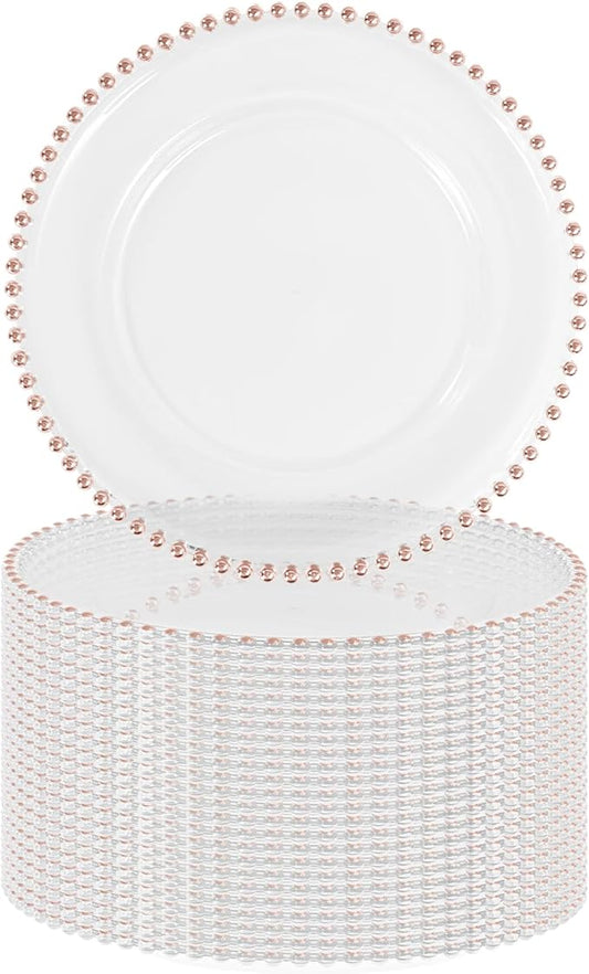 24 PCS Clear Round Charger Plates with Beaded Rim, 13 Inch Plastic Acrylic Plate, Plastic Round Beaded Dinner Decorative Service Plates for Wedding Party Event, Home Kitchen Tabletop(Pink)