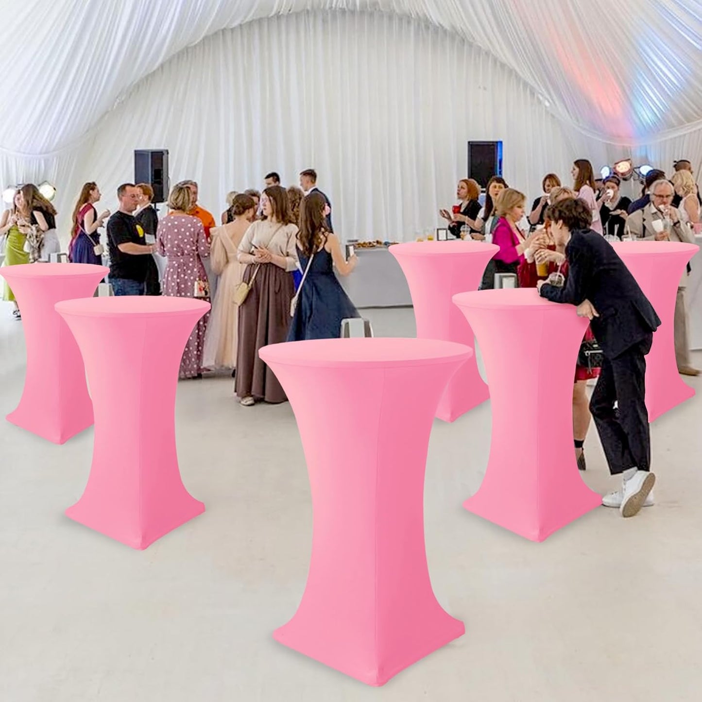 Cocktail Table Covers-Spandex Round High Top Table Cloths 6 Pack 32x43 Inch-Pink Stretch Fitted Bar Tall Tablecloth for Pub Bistro Highboy Party Event Banquet Height Folding Satnding Tables