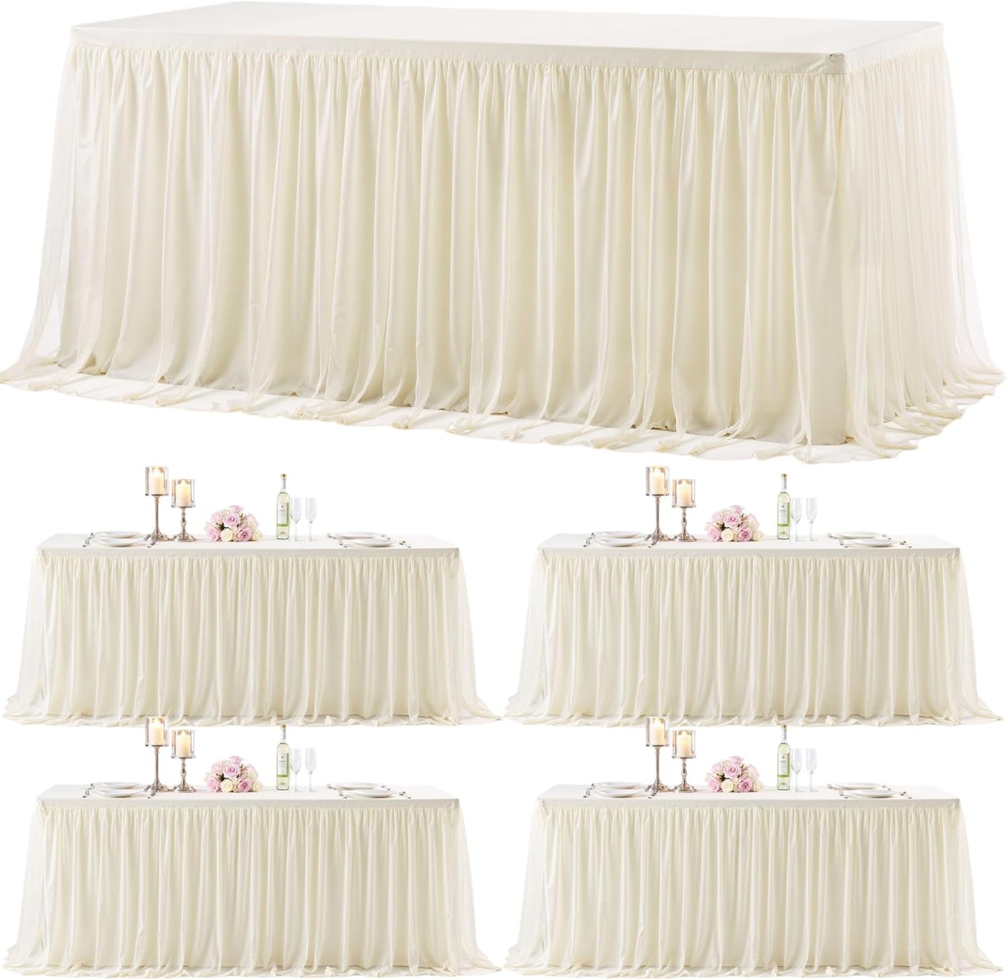 4 Pack 6ft Ivory Tulle Tablecloths for Rectangle Tables 6 Foot Ivory Rectangular Table Cloth Wrinkle Free Table Cover with Tutu Skirt for Wedding Baby Shower Birthday Party Banquet Buffet Cake