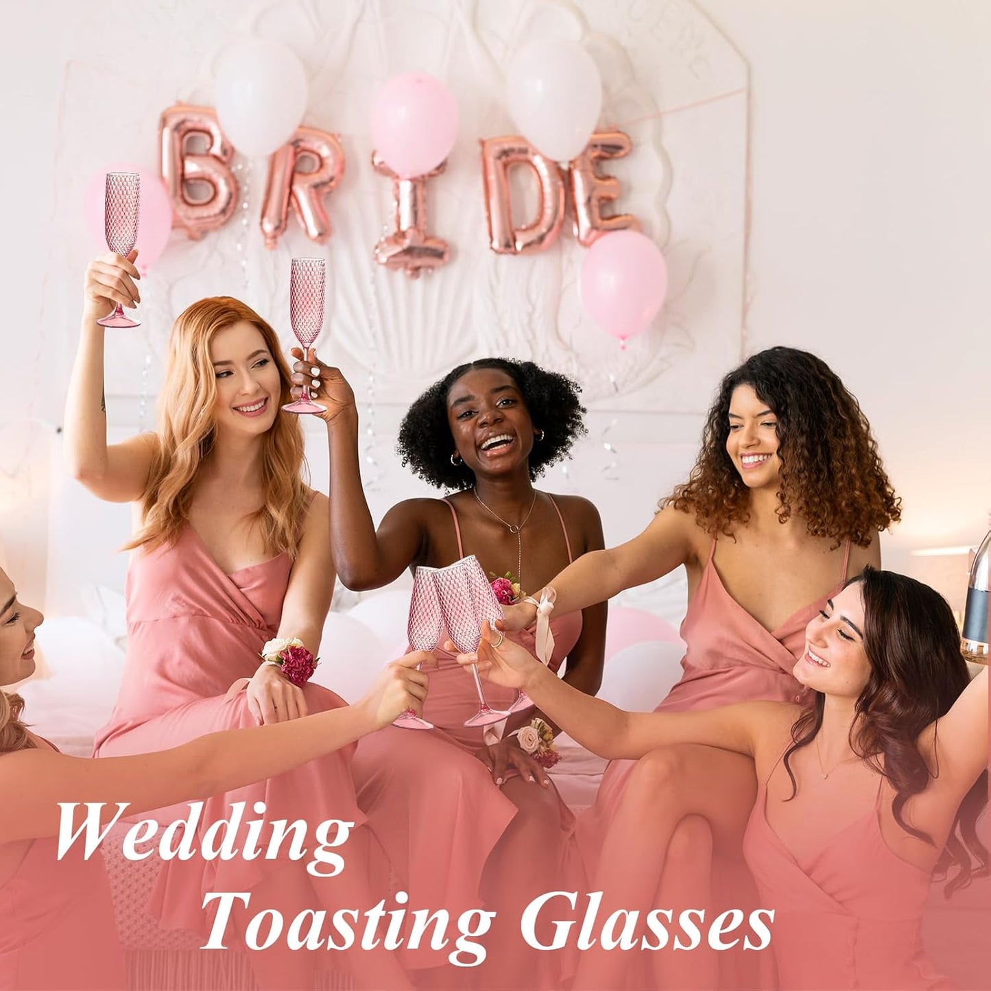 Plastic Champagne Flutes Champagne Glasses Unbreakable Wedding Toasting Glasses Reusable Diamond Wine Glasses Crystal Clear Party Wine Cups Vintage Drinking Glasses 5.5 OZ for Wedding (24, Pink)