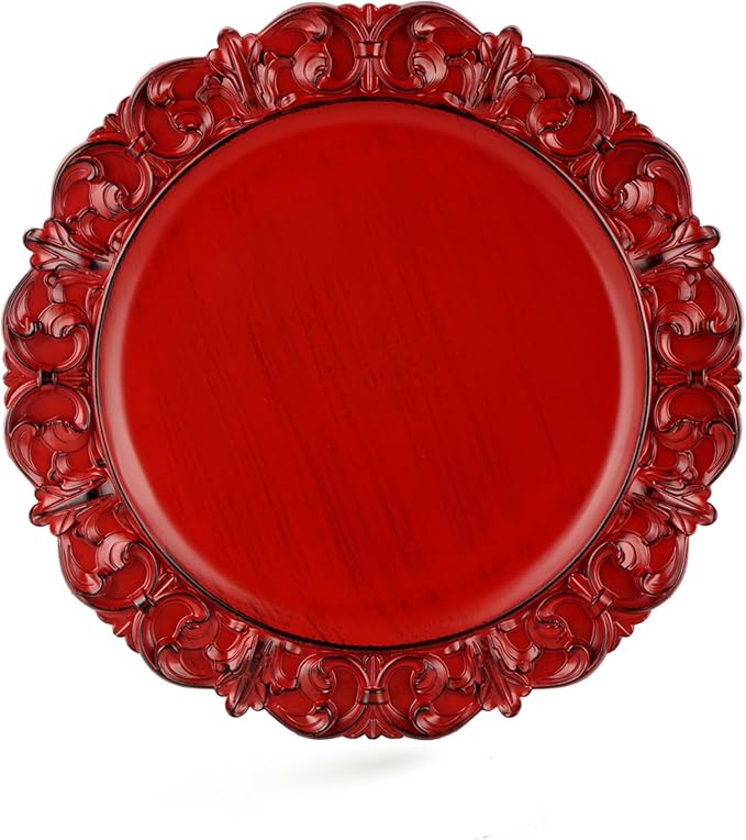 Gifturbo 13" Antique Red Charger Plate Set of 6, Chargers for Dinner Plates with Embossed Rims, Round Plastic Plate Chargers for Christmas, Wedding, Elegant Tableware Decoration