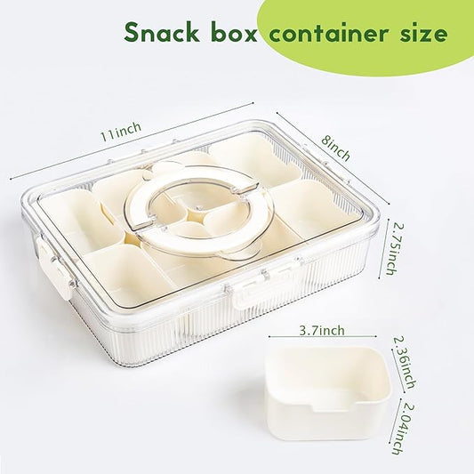 Patent Design Ribbed Snackle Box Container Snack Container Divided Serving Tray with Lid and Handle, 8 Divider Portable Snacklebox for Travel Beach for Charcuterie Veggie Fruit 2 Pack