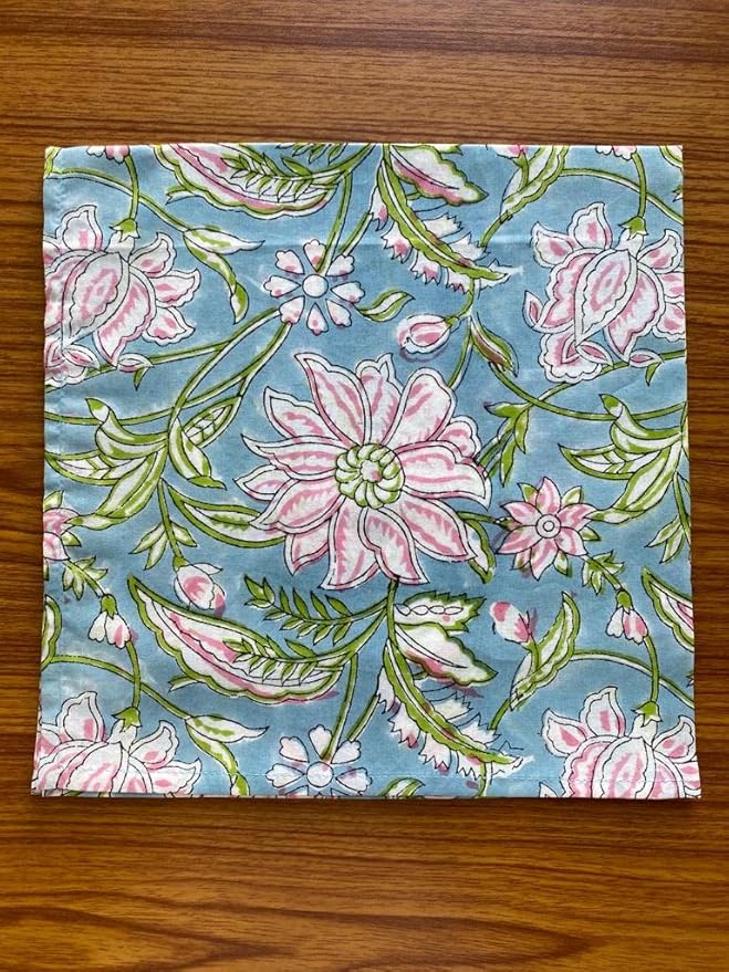 Ridhi Assorted Hand Block Print 100% Cotton Napkins 18" x 18" (Set of 4) Reuseable Kitchen Napkins Cloth Decor Dinner Party Wedding Cocktail Gift for Spring, Easter, Valentine