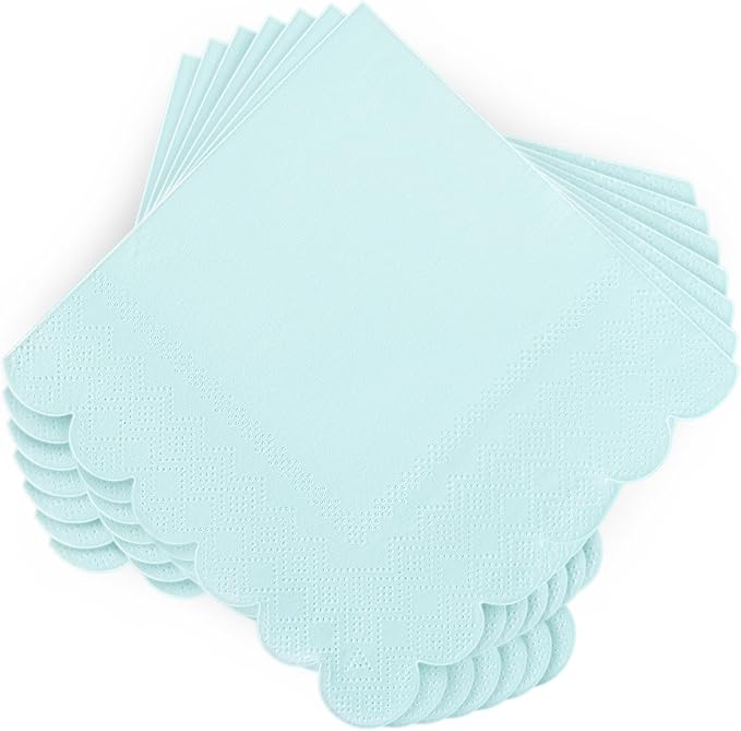 100 Pcs Cocktail Napkins Scalloped Edged Dessert Napkins Folded 5 x 5 Inches Blue Disposable Napkins for Dinner Wedding Birthday Party