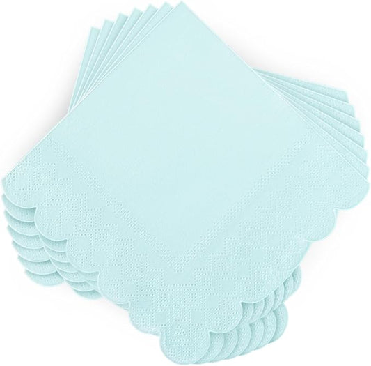 100 Pcs Cocktail Napkins Scalloped Edged Dessert Napkins Folded 5 x 5 Inches Blue Disposable Napkins for Dinner Wedding Birthday Party