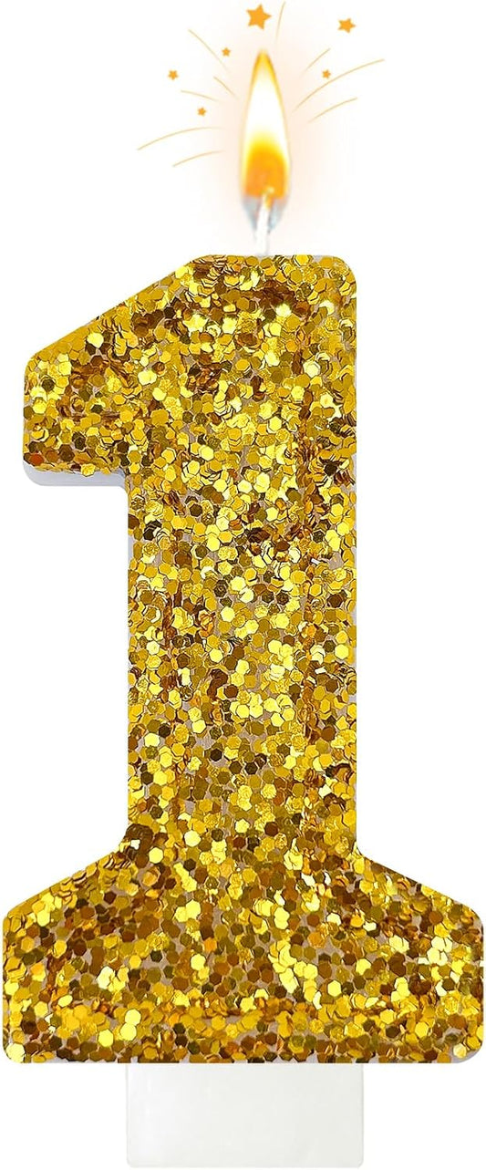 Birthday Number Candles, Glitter Number Candle Cake Decorations with Sequins, Cupcake Decorations for Girls, Women, Party Anniversary Celebrations (Number 1, Golden)