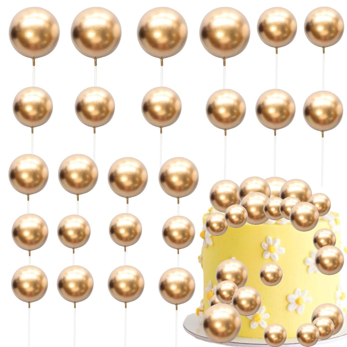 Gyufise 30Pcs Mini Balloon Cake Topper Gold Foam Ball Cake Picks Cupcake Faux Pearl Balls DIY Cake Insert Topper Decoration for Anniversary Graduation Birthday Party Baby Shower Supplies
