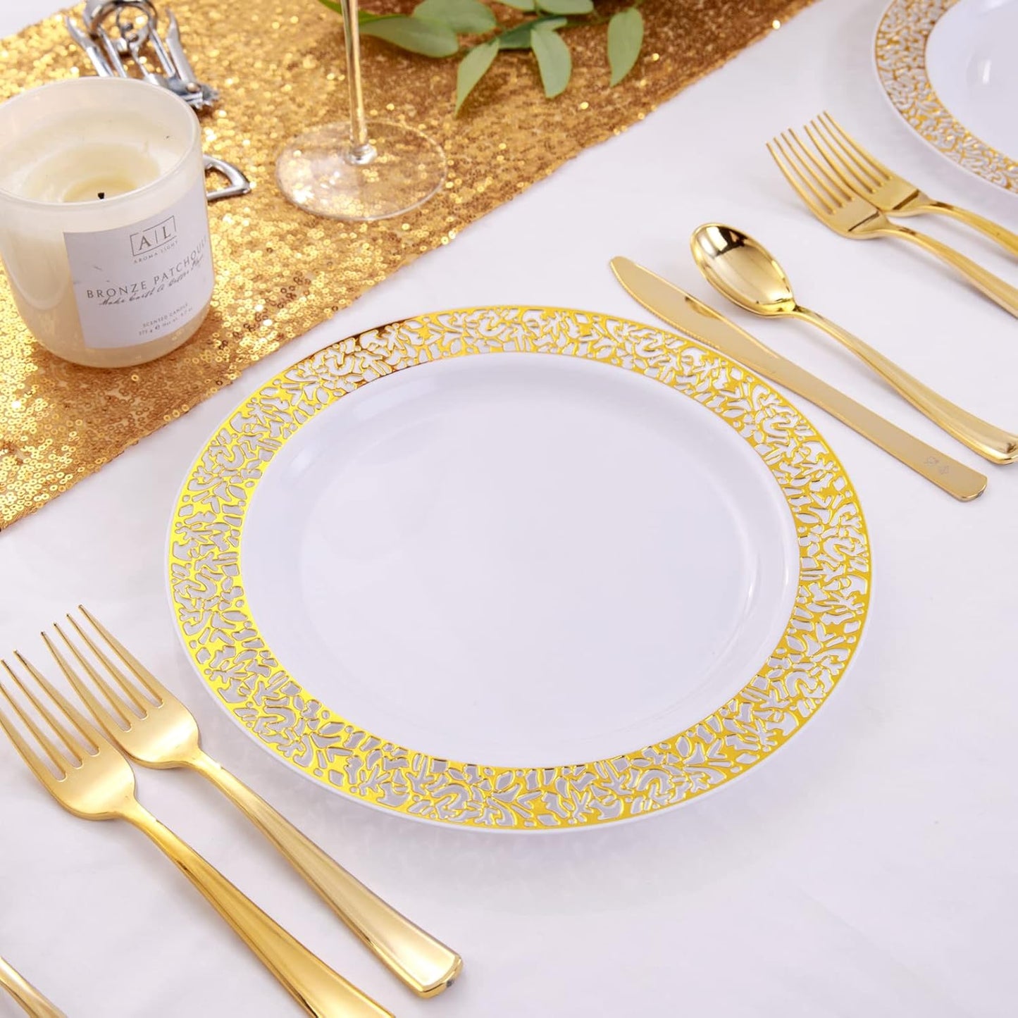 supernal 100pcs Gold Plastic Plates, 10.25" White Plastic Dinner Plate, Gold Lace Plates Heavy Duty,Disposable Plate for Tableware Weddings Celebrations and Parties