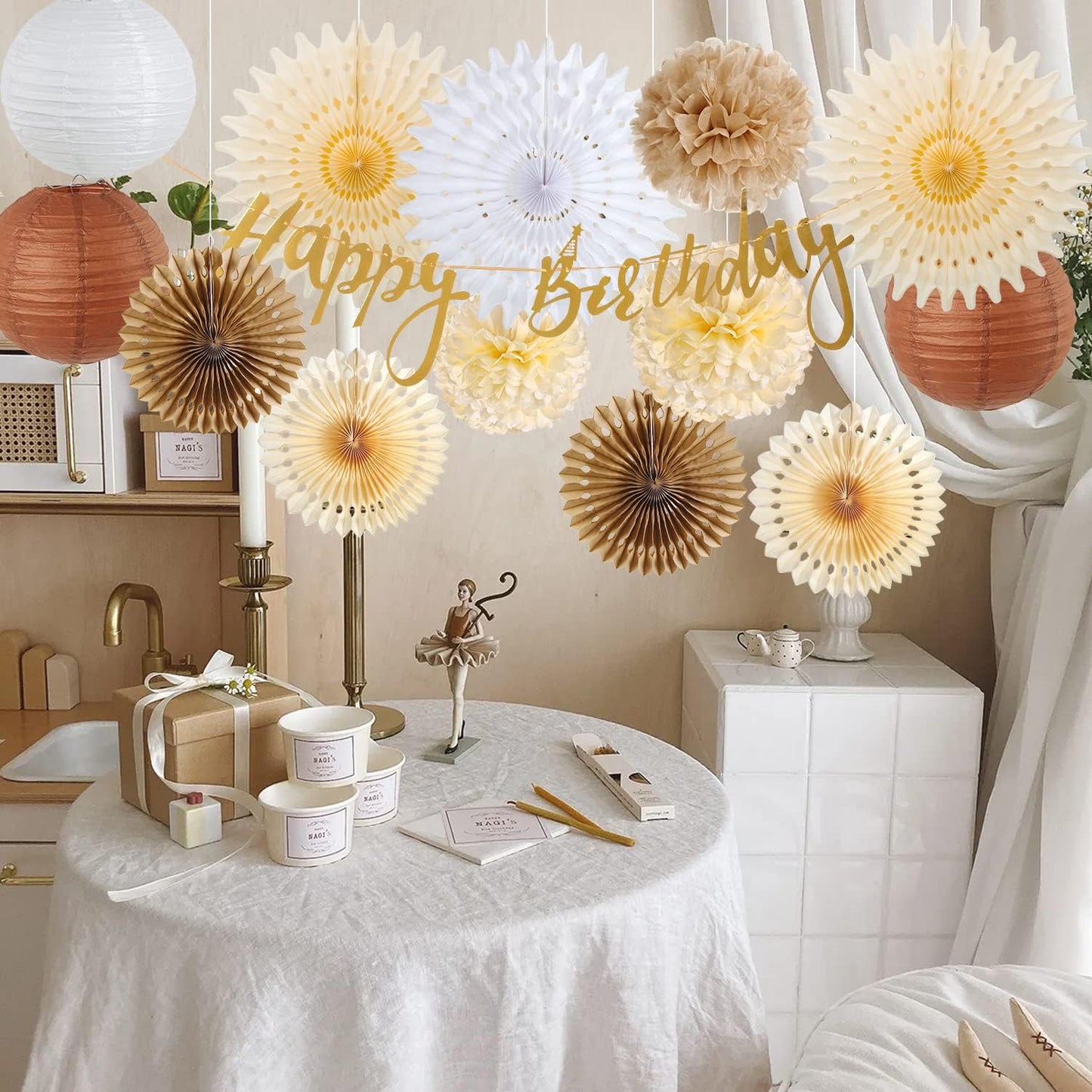 SUNBEAUTY Brown Birthday Party Decorations Rustic Paper Natural Birthday Decorations Hanging Lanterns Tissue Paper Pom Poms Boho Birthday Decorations For Women