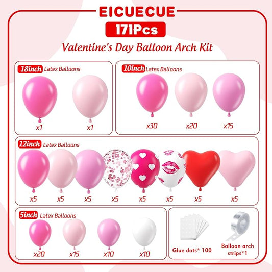 Valentines Day Balloons Garland Arch Kit -171Pcs Different Size Hot Pink and Pink with Heart Metallic Rose Gold White Balloon for Valentine's Day Galentine's Day Anniversary Party Decorations