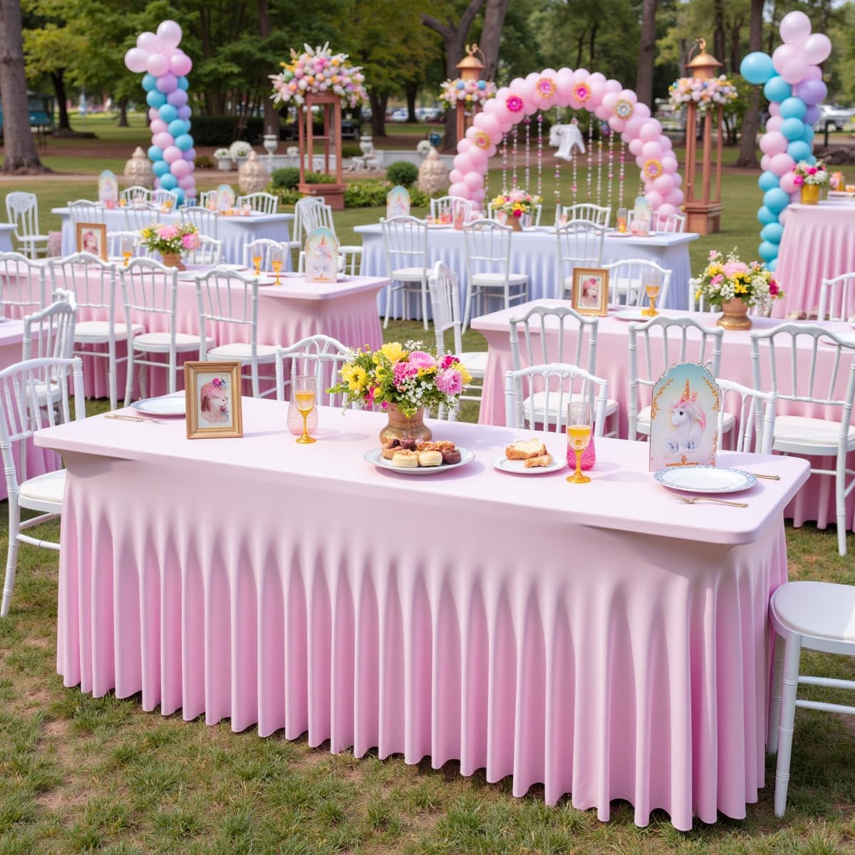 Outpain 8ft Spandex Table Cloth for Standard Folding Tables-4Pack Baby Pink Table Cloth Table Protector for Party, Wedding, Cocktail, Banquet, Festival