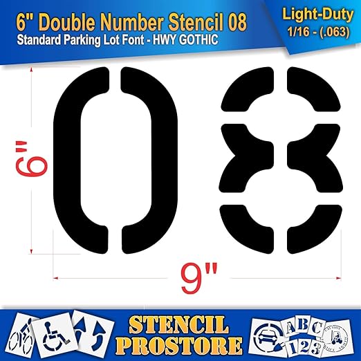 Pavement, Curb, and WheelStop Stencils - 6 inch Double Number Stencil - (08) - 6" x 9" x 1/16" (63 mil) - Light-Duty