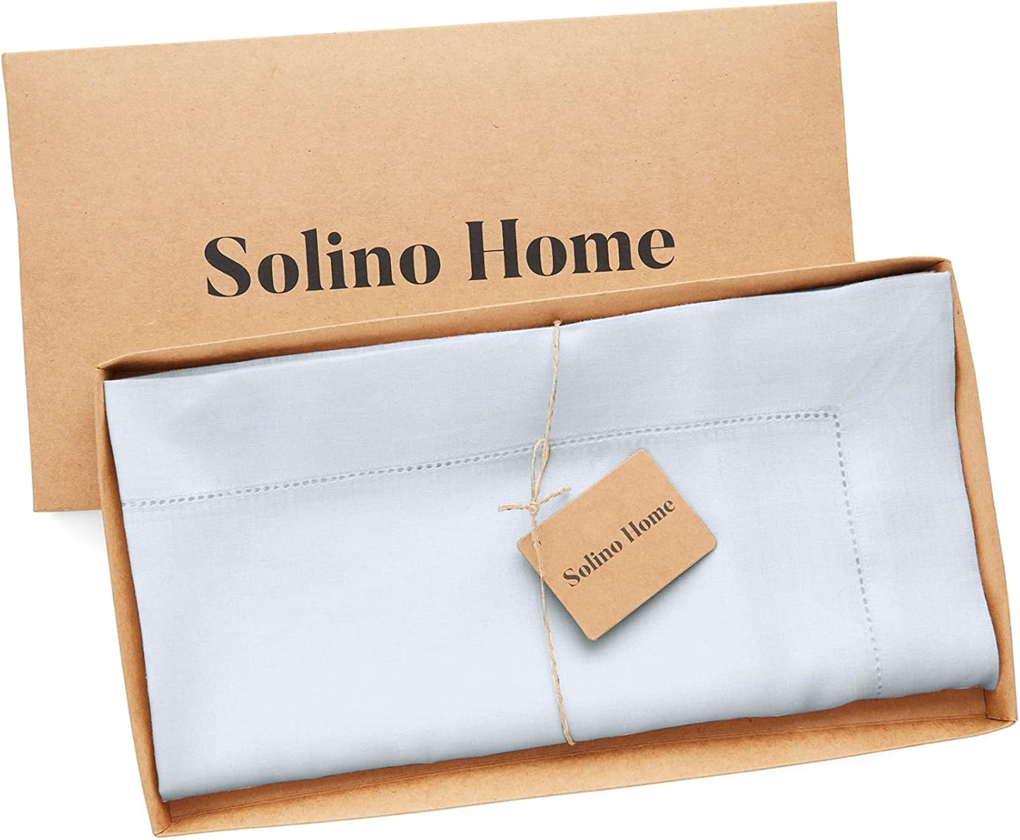 Solino Home Light Blue Linen Tablecloth 52 x 52 Inch - 100% Pure Linen Square Table Throw - Classic Hemstitch, Machine Washable Table Cloth