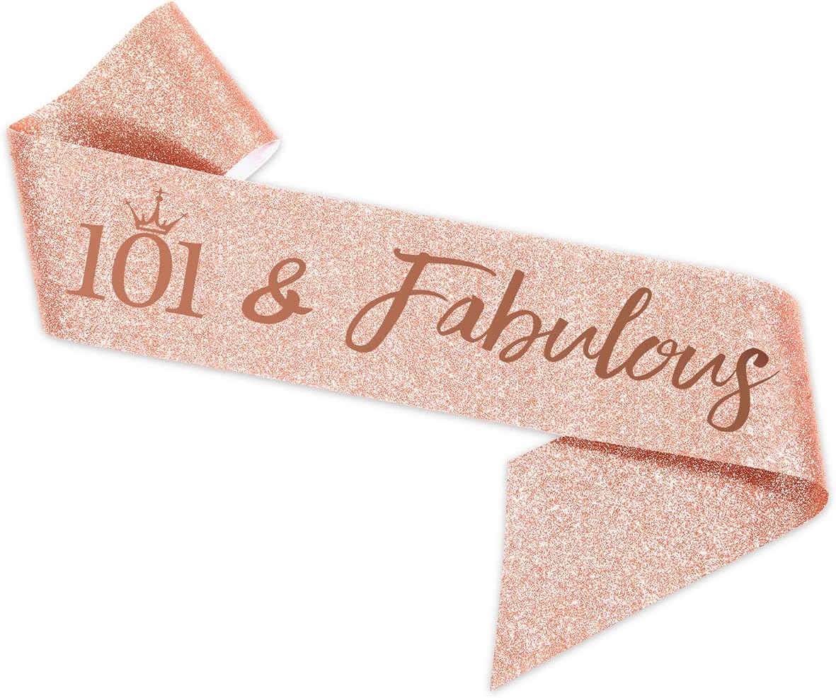 BRT Bearingshui 101th Birthday Sash and Tiara for Woman, Rose Gold Birthday Sash Crown 101 Fabulous Sash and Tiara for Woman, 101th Birthday Gifts for Happy 101th Birthday Party Favor Supplies