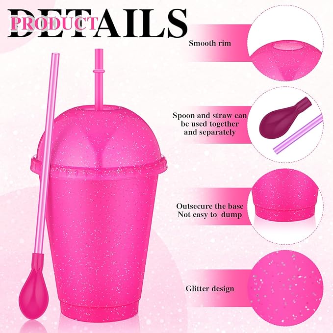 6 Set Slushie Cups with Dome Lids and Straws Detachable Spoon Straws Reusable Plastic Iced Coffee Cups Smoothie Tumbler for Birthdays Summer Party Supplies(Rose Red,16 oz)