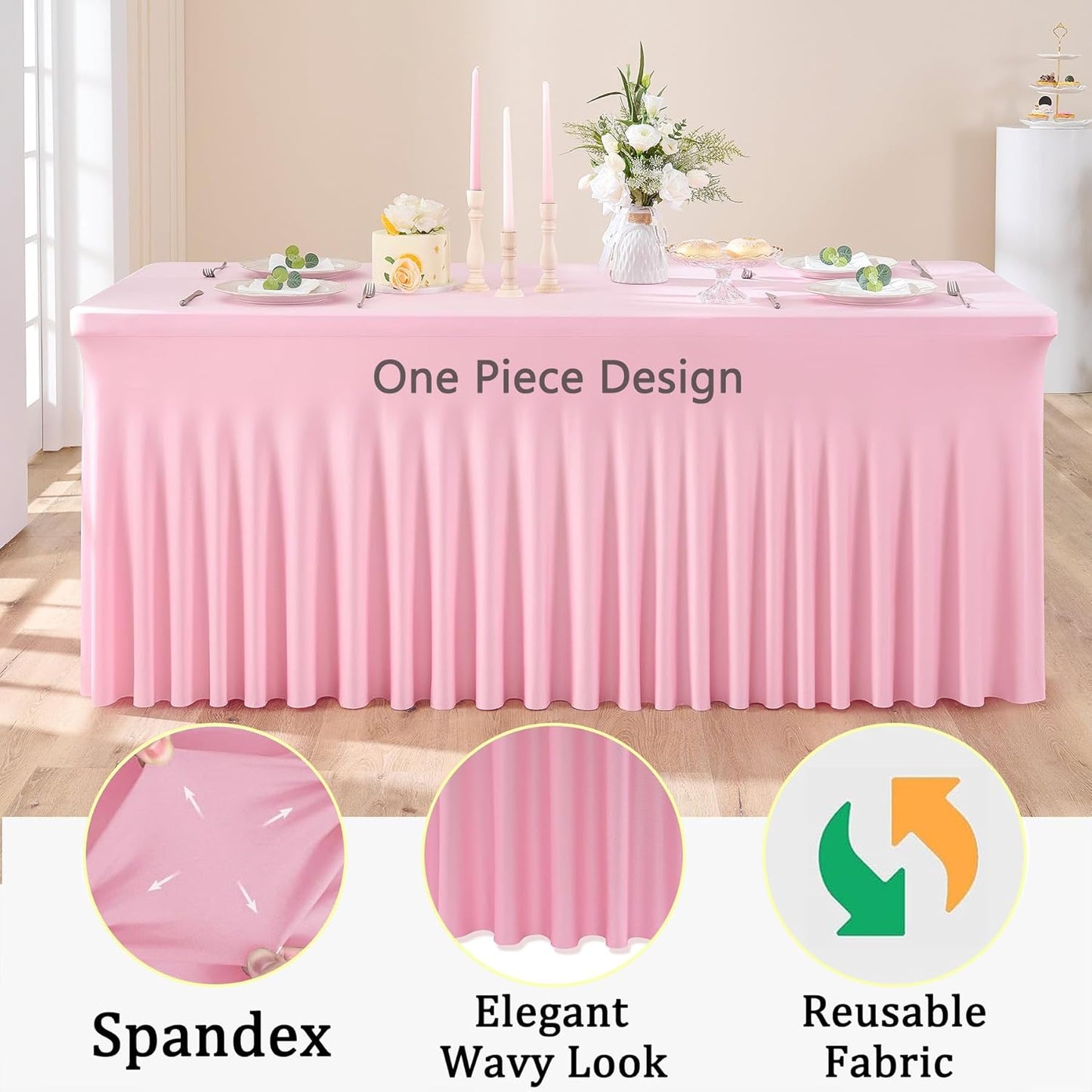 3pk Baby Pink Spandex Tablecloths for 8 Foot Rectangle Tables, Stretchy Table Cloths 8FT Pink Fitted Table Cover Desk Skirt for Wedding Party Birthday Banquet Baby Shower