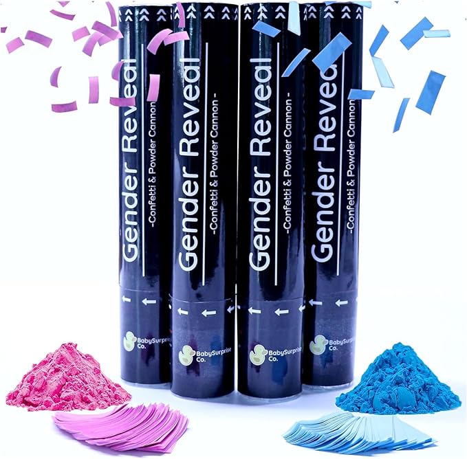 Gender Reveal Confetti Cannon 2 Pink 2 Blue Powder Smoke with 100% Non-Toxic, Food-Grade Corn Starch - Safe and Easy Compressed Air Party Popper - Bright Explosion for Photo Effect