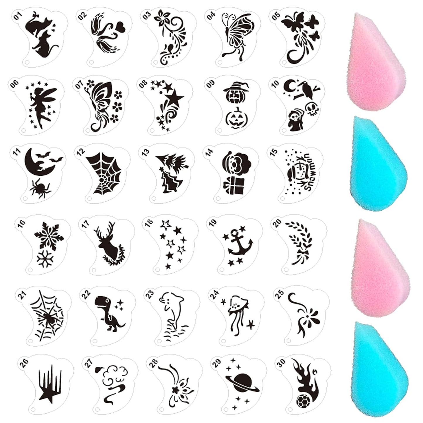 Face Painting Stencils - Reusable Facial Makeup Template Kids 30pcs Body Makeup Tattoo Templates for Halloween,Party(30 Stencils)