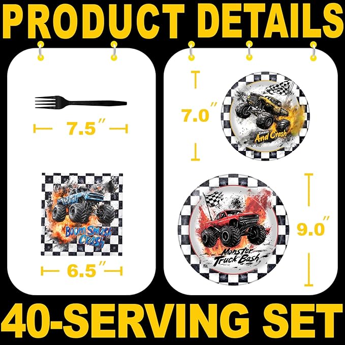 Monster Truck Party Decorations - Monster Truck Party Plates and Napkins for Kids Birthday Party, Serves 40 Guests
