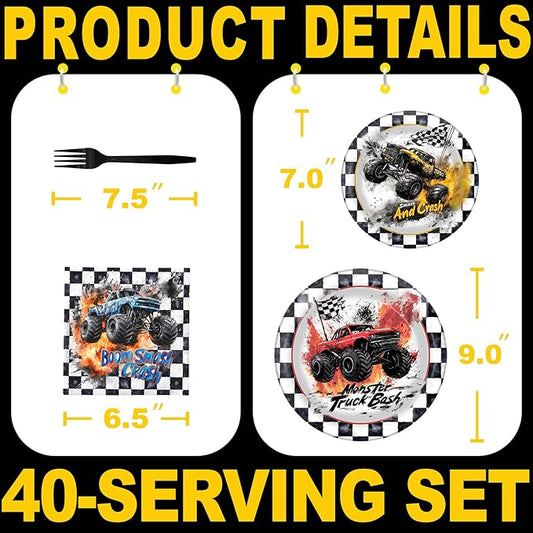 Monster Truck Party Decorations - Monster Truck Party Plates and Napkins for Kids Birthday Party, Serves 40 Guests