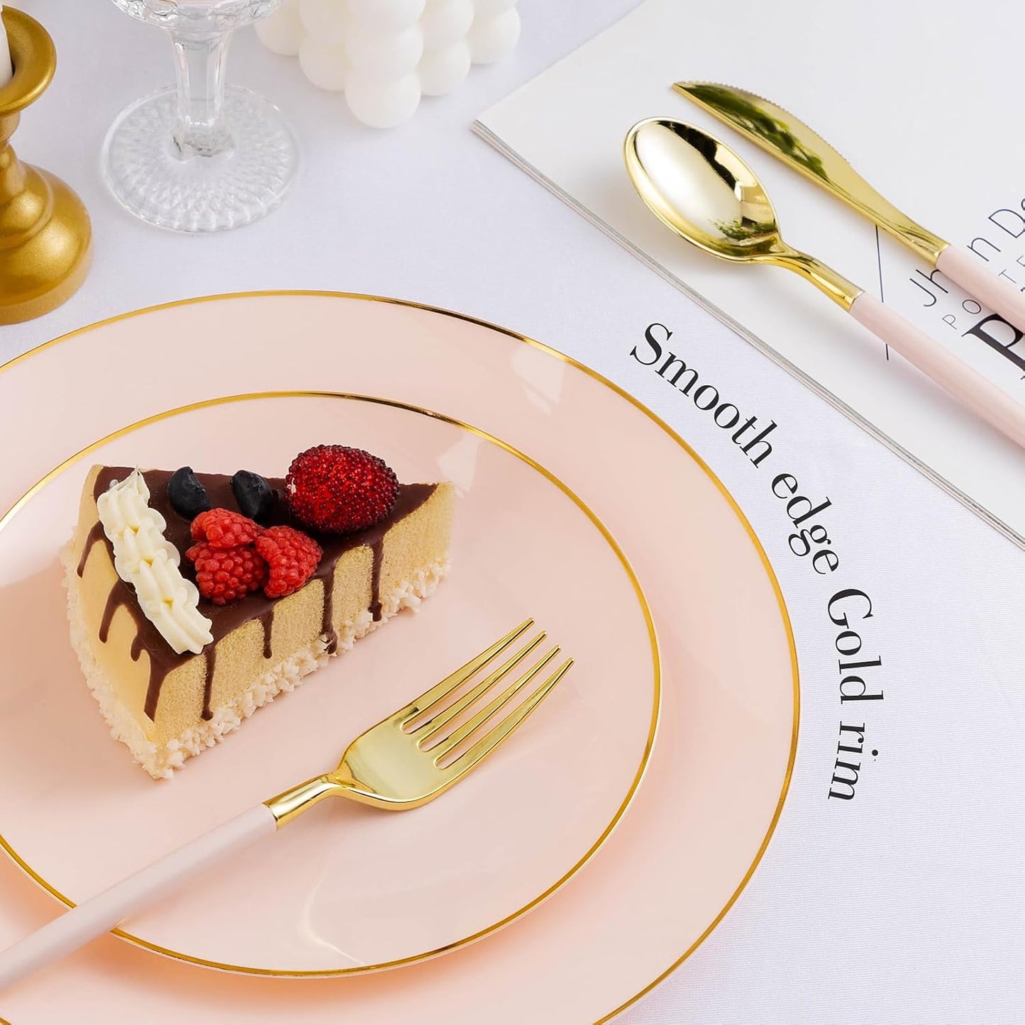100PCS Pink Gold Plastic Plates, Pink Disposable Plates for Party, Wedding and Graduation, Include 50 Dinner Plates, 50 Dessert Plates for 50 Guests