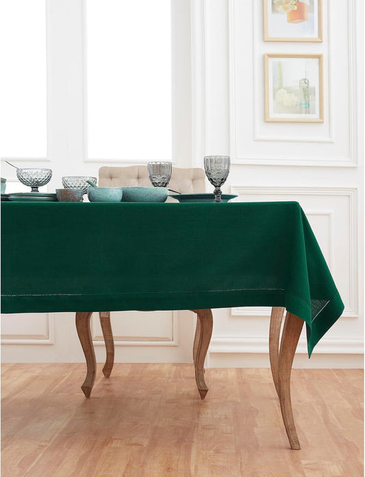 Solino Home Linen Tablecloth for Rectangle Tables 60 x 144 Inch - Classic Hemstitch 100% Pure Linen Rainforest Green Table Cloth - Machine Washable Cloth Tablecloth for Fall, Autumn, Thanksgiving