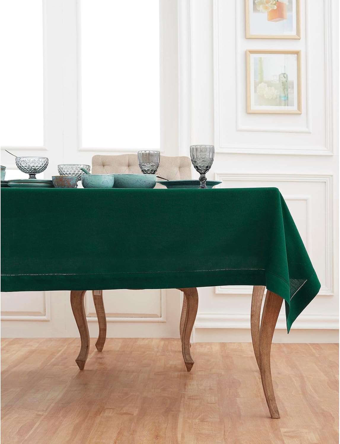 Solino Home Linen Tablecloth for Rectangle Tables 60 x 156 Inch - Classic Hemstitch 100% Pure Linen Rainforest Green Table Cloth - Machine Washable Cloth Tablecloth for Fall, Autumn, Thanksgiving
