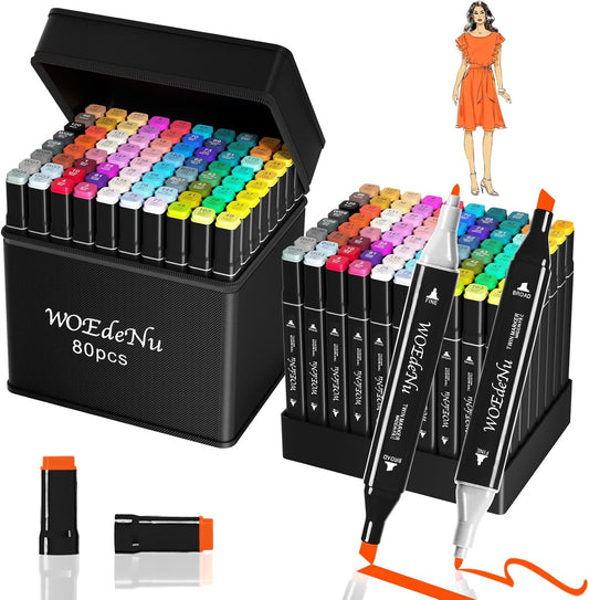 WOEden Alcohol Markers, 80 Colors Dual Tip Brush & Chisel Art Markers, Permanent Alcohol-Based Pens for Adult & Kids Coloring, Drawing, Sketching, Card Making