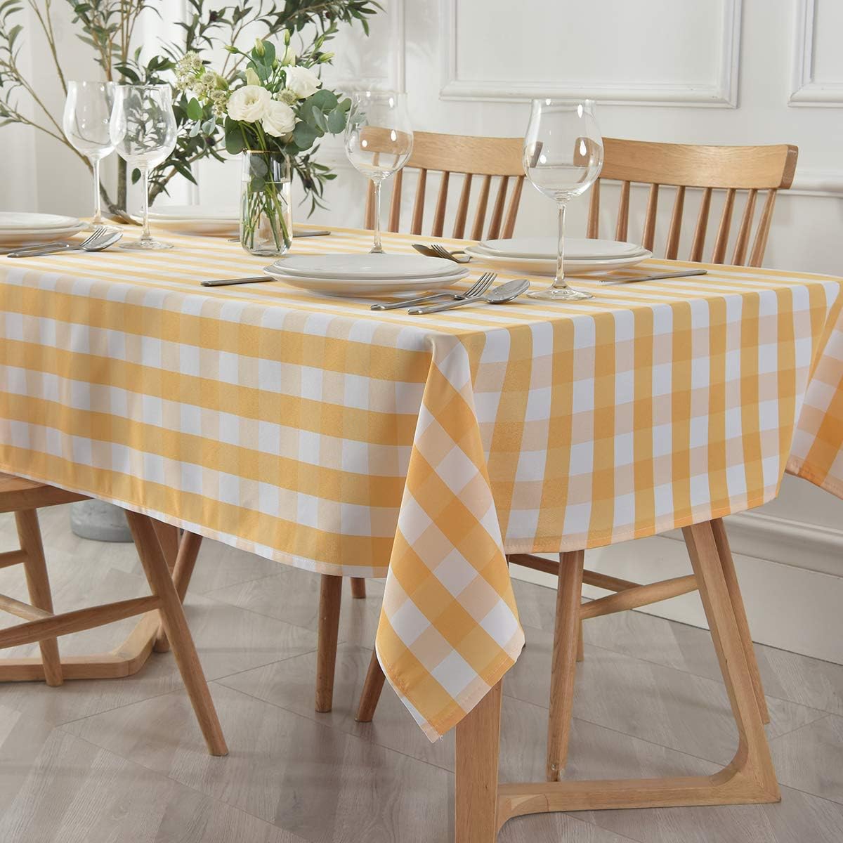 maxmill Checkered Tablecloth Stain Resistant Wrinkle Resistant Spillproof Washable Heavy Weight Table Cloth Gingham for Dining Room and Outdoor Use, Rectangle 60 x 140 Inch Yellow and White