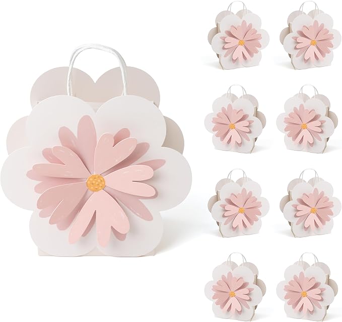 Cheerland Flower Party Favor Bags Floral Gift Bags Daisy Birthday Party Decoration Pink Party Goodie Bag Tea Party with Handles for Baby Shower Spring Girls Wedding Decorations Supplies Pack of 8