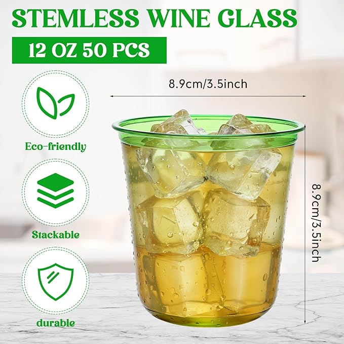 Disposable Stemless Glasses 12oz Crystal Plastic Wine Glasses Clear Classic Pet Cup for Meeting Weddings Birthdays Cocktail Christmas Party Supplies(Green,50 Pcs)