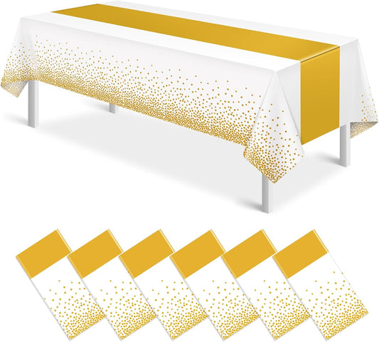 6Pcs White and Gold Tablecloth Party Decorations,Plastic White Table Cloth Printed Gold Table Runner Disposable Rectangle Table Cover for Birthday Wedding Anniversary Graduation Party,54 x108 Inch