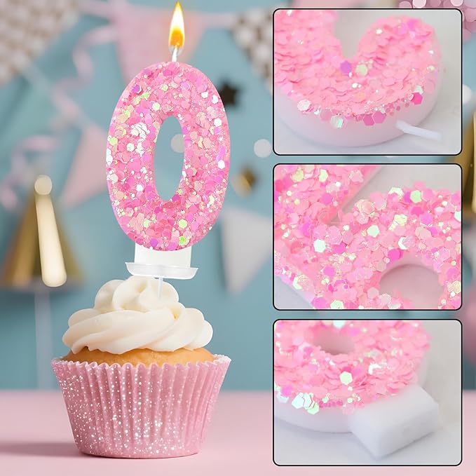 Zailo Birthday Number Candles, Glitter Number Candle Cake Decorations with Sequins, Cupcake Decorations for Girls, Women, Party Anniversary Celebrations (Number 0, Light Pink)