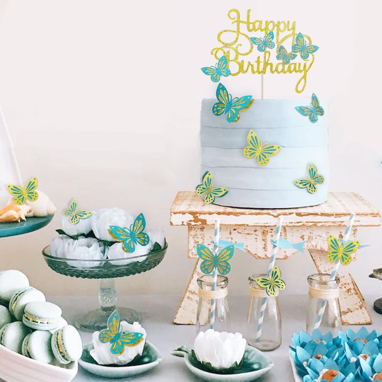 13 Pieces Green Gold Butterfly Cake Toppers 3D Butterfly Cupcake Topper for Girls