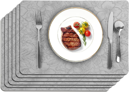 17" × 12" Faux Leather Placemats Set of 6, Light Gray, Washable, Wipeable & Heat-Resistant Table Mats, Waterproof & Anti-Slip Dining Place Mats with Shallow Embossed Texture for Kitchen & Dining