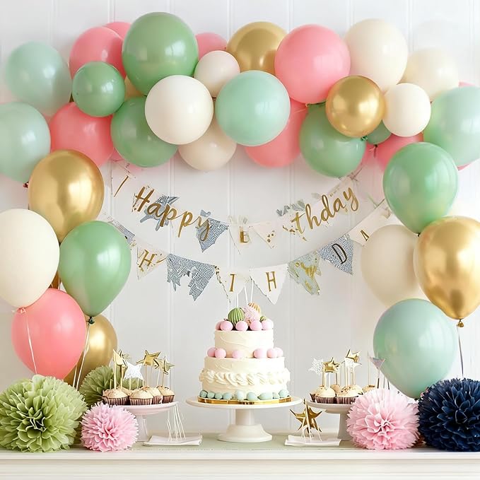 Zesliwy Sage Green Pink Gold Balloons,50Pcs 12Inch Dusty Mint Green Sand White Metallic Gold Balloon Retro Light Blush Pink Balloon for Birthday Jungle Safari Bridal Shower Wedding Party Decoration