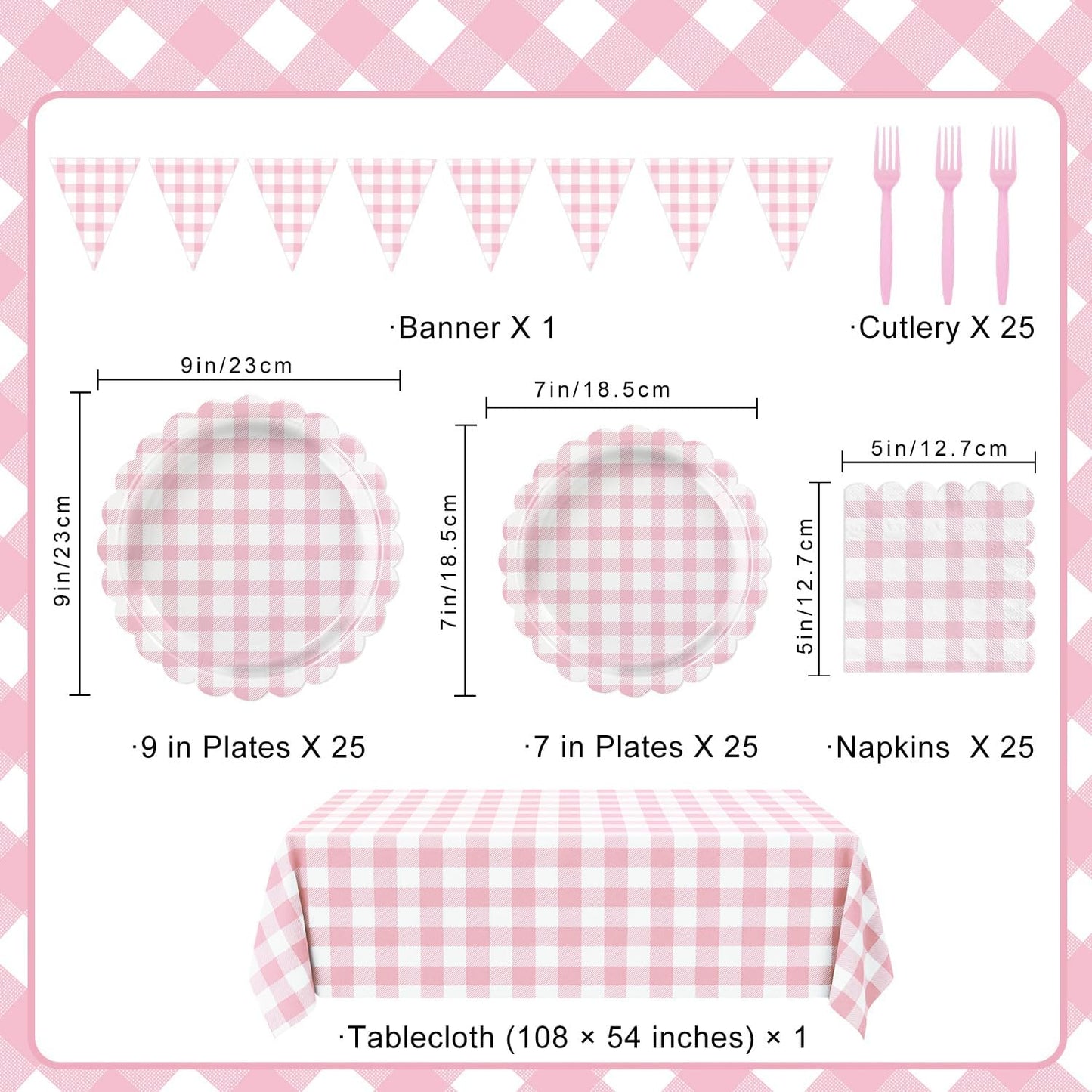 102 PCS Pink Gingham Party Supplies - Scalloped Plates, Napkins, Cups, Forks, Banner, Gingham Tablecloth for Baby Shower, Birthday, Pink Party Decorations, Serves 25