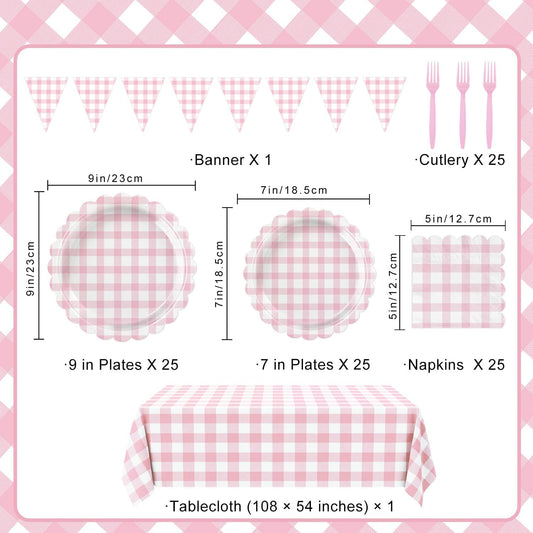 102 PCS Pink Gingham Party Supplies - Scalloped Plates, Napkins, Cups, Forks, Banner, Gingham Tablecloth for Baby Shower, Birthday, Pink Party Decorations, Serves 25