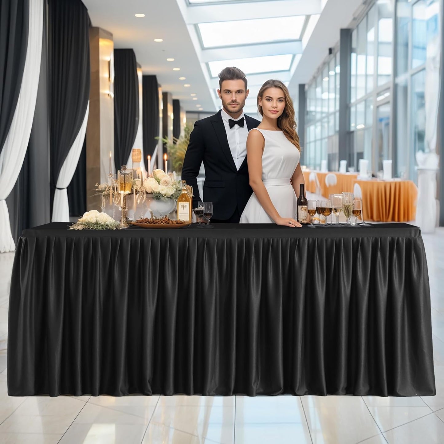 3 Pack Black Polyester Table Clothes for 6 Foot Rectangle Tables, Wrinkle Free Fitted Table Cover with Pleated Ruffle Table Skirt for Party Baby Shower Wedding Birthday Event Display