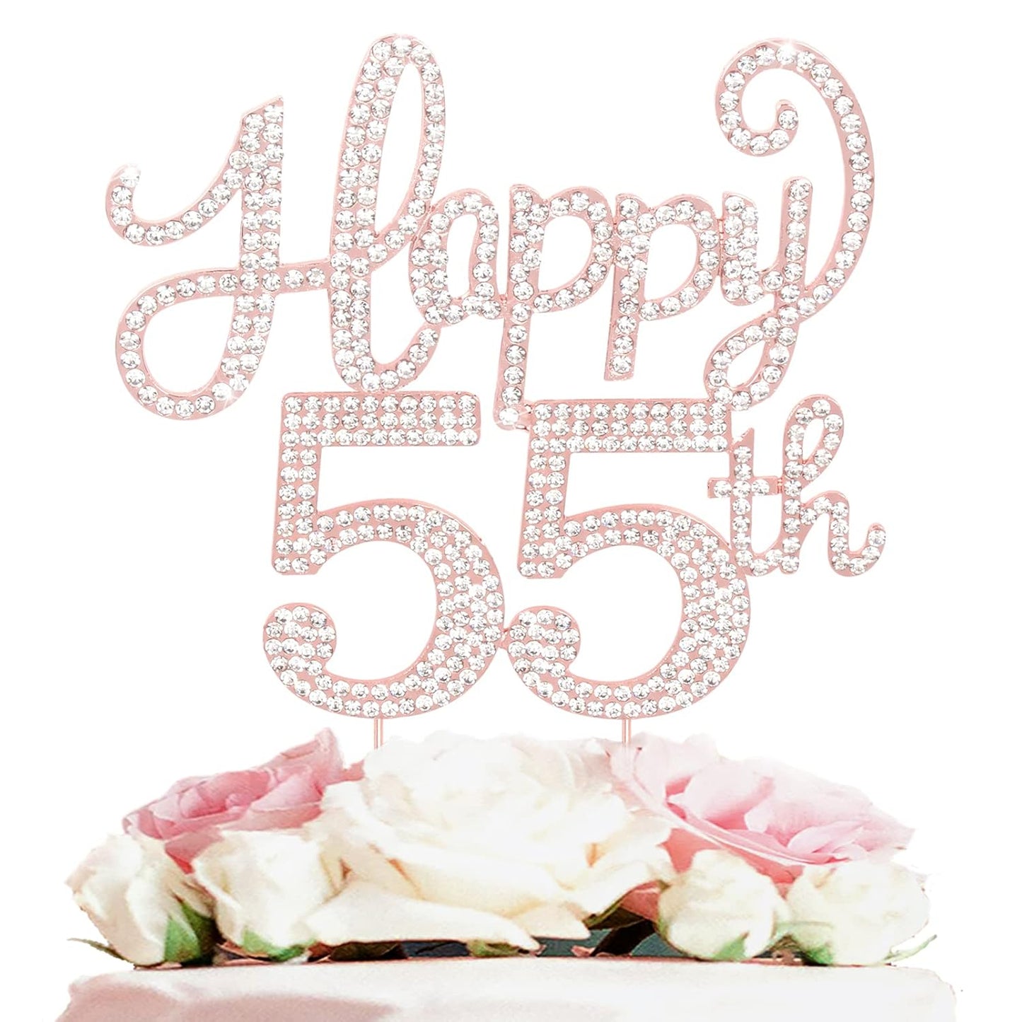 LASKYER Happy 55th Birthday Rose Gold Rhinestone Cake Topper - 55th Birthday/Anniversary,Cheers to 55 Years Old Bday Party Metal Sparkly Centerpieces Decorations.
