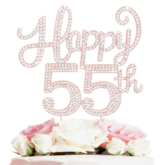 LASKYER Happy 55th Birthday Rose Gold Rhinestone Cake Topper - 55th Birthday/Anniversary,Cheers to 55 Years Old Bday Party Metal Sparkly Centerpieces Decorations.