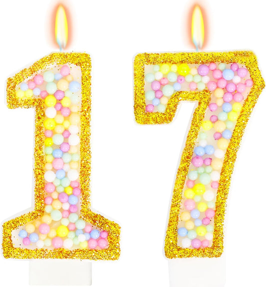 17th Birthday Candle for Cake, Colorful Macaron Numeral Candles for Boys/Girls, Birthday Party Cake Decorations, Golden Cake Topper for Birthday Party Supplies (Number 17)