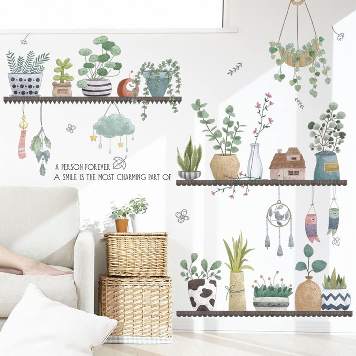 2 Set Plant Wall Decals Kitchen Stickers Decor Murals for Bedroom Living Room Bathroom Art Decal Boho Hanging Shelves Tree Wall Art 3D Peel and Stick