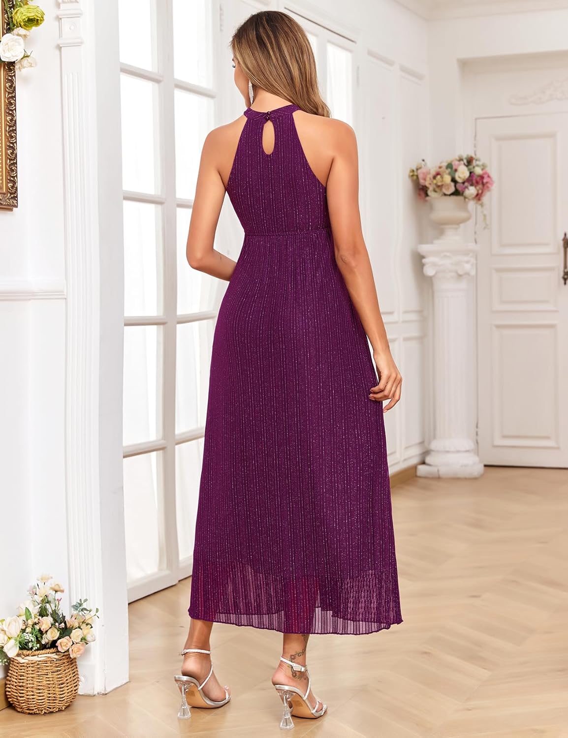 Maternity Sparkly Mesh Dress Halter Neck Sleeveless A Line Pregnancy Dresses Semi Formal Baby Shower Photoshoot